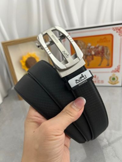 1:1  Hermes  Black Leather Belt  with Silver  buckle "田"Shape Buckle 3.5cm